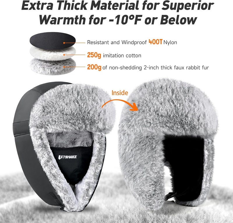 LETSHAKE Winter Trapper Hat for Men Women Extra Thick -10°F Cold Weather Bomber Hunting Hat for Outdoor Activities, Adjustable Russian Ushanka Aviator (56-62cm) Black - Image 3
